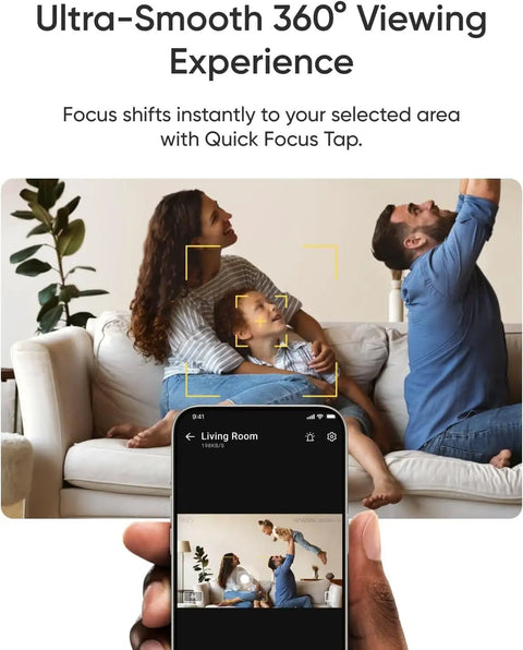 Family using 4K Indoor Security Camera With AI Auto Tracking And Night Vision For Baby And Pet Monitoring in living room.