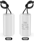 CBB60 Go-To Run Capacitor 25uF 450V AC for air compressor and water pump motor, shown front and back views, with cables.