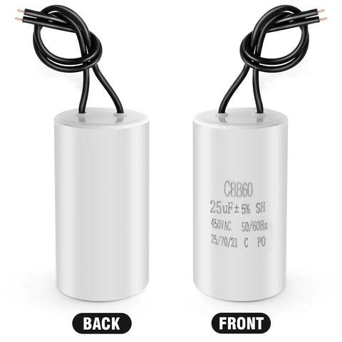 CBB60 Go-To Run Capacitor 25uF 450V AC for air compressor and water pump motor, shown front and back views, with cables.