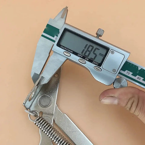 Caliper measuring 185mm section of Two Pack Folding Sofa Bed Spring Hinges 80 Degree Lift Support for Cabinet Doors Flap Top Hinge.