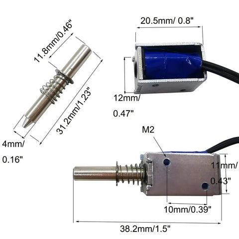 Two Pack Mini Push Pull Linear Solenoid Electromagnet With 5mm Stroke, DC 5V to 12V, 25 Ohm, Open Frame Mini Frame Actuator dimensions