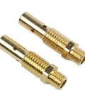 Two brass diffusers from 24Pc MIG Welding Consumables Kit with 0.030 and 0.035 tips, gasless nozzles and diffusers, flux core ready.