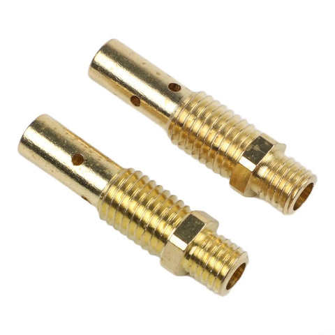 Two brass diffusers from 24Pc MIG Welding Consumables Kit with 0.030 and 0.035 tips, gasless nozzles and diffusers, flux core ready.