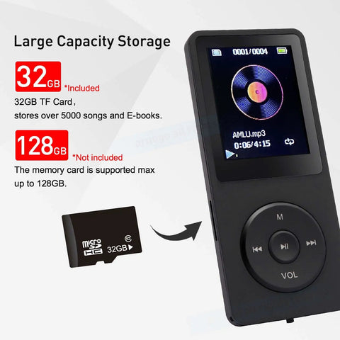 32GB Portable MP3 Player With Speaker, 1.8 Inch HD Screen, showing 32GB card inclusion, supports up to 128GB, black