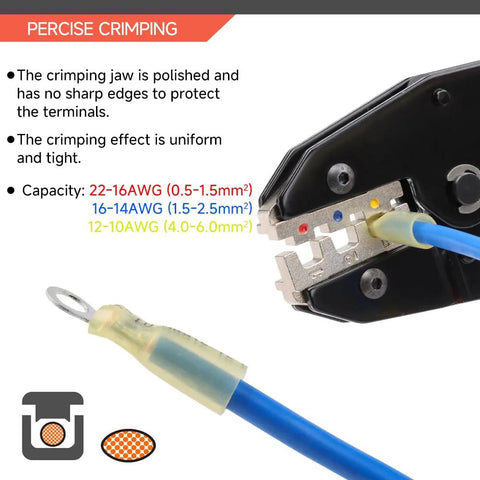 HKS crimping tool for heat shrink connectors; side view with blue wire and 180-piece marine-grade butt connectors AWG22–10