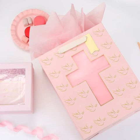 Pink Gift Bag With Cross Window Design And Tissue Paper 10 By 5 By 13 Inches Ideal Baptism Gift Bag For Girls