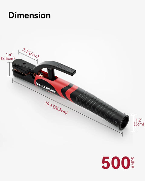 500 Amp Welding Electrode Holder With Strong Bite, High Copper Content, And Durable Insulated Handle dimensions displayed