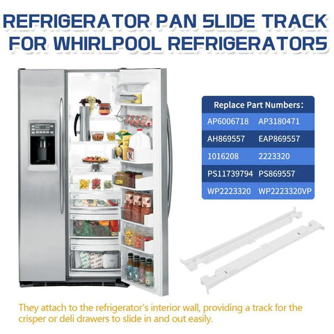 Upgraded Fridge Crisper Drawer Slide Rail Kit No Sweat Install Heavy Duty Straight Swap Replacement For Quick Kitchen Refresh And Easy Home Organization with white glide rails and refrigerator interior.