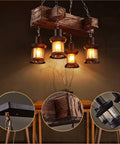 Industrial Vintage Wooden Pendant Light With Glass Lanterns, 4 Light Loft Chandelier, adjustable fixture close-up display
