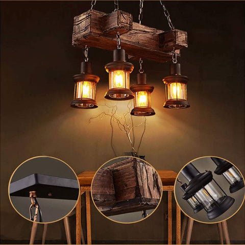 Industrial Vintage Wooden Pendant Light With Glass Lanterns, 4 Light Loft Chandelier, adjustable fixture close-up display