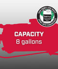 Outline of an 8 Gallon Chemical Resistant Tank Sprayer For ATV And UTV with capacity label and save money icon