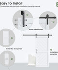 36 Inch By 84 Inch Sliding Barn Door With Six Point Six Foot Hardware Kit And Handle Included Solid MDF Wood Slab Covered With Water Proof And Scratch Resistant PVC Surface Simple Do It Yourself Assembly Chevron Pattern installation guide