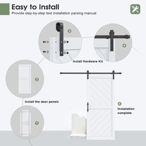 36 Inch By 84 Inch Sliding Barn Door With Six Point Six Foot Hardware Kit And Handle Included Solid MDF Wood Slab Covered With Water Proof And Scratch Resistant PVC Surface Simple Do It Yourself Assembly Chevron Pattern installation guide