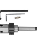 Morse MT2 tool holder with Weldon shaft, silver and black; includes two L-shaped Allen wrenches and a small adapter