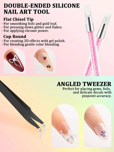 Double-ended silicone nail art tool and angled tweezer with nail designs, part of Pro Nail Art Tools Set For Press On Nails With Dual End Brushes And Dotting Tools Packed With 5 Precision Liners Embossing Pen Angled Tweezer 2 Magnetic Nail Stands Gel Polish Builder Brush French Tip And Liner Brush Kit