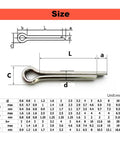 Heavy Duty 304 Stainless Steel Cotter Pins Galvanized Split Clips with size measurements and specifications.