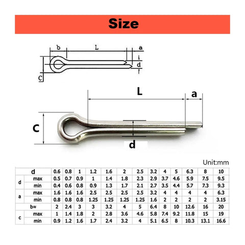 Heavy Duty 304 Stainless Steel Cotter Pins Galvanized Split Clips with size measurements and specifications.