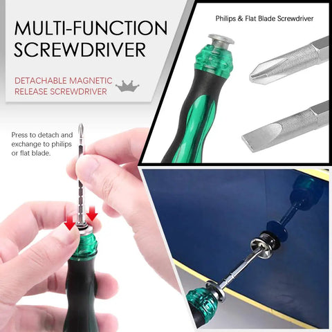 Close-up of multi-function screwdriver from 26 Piece Complete Guitar Repair Kit For Electric Guitar Bass Ukulele Mandolin Banjo.