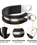 Close-up of 50 Pack Half Inch Cable Clamps 304 Stainless Steel Insulated Hose Clamp Pipe Clamp Wire Clamp with Rubber Cushioned Grip.