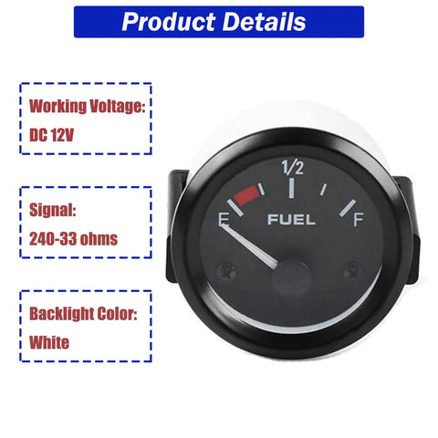 12V 52mm Fuel Level Gauge Sending Unit With 240-33 Ohm Sensor, Easy Read Pointer Meter for Boats Cars Trucks RVs and Motorcycles