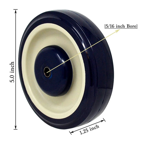 Five Inch Polyurethane Wheel With Five Sixteenth Inch Bore For Shopping Carts Navy Beige Color 1400 Lbs Load Capacity Dual
