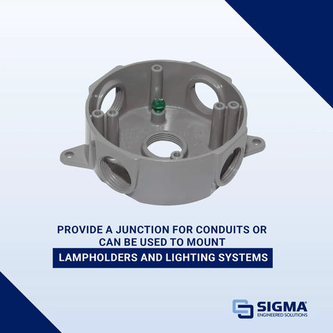 Round Metal Electrical Outlet Box Weatherproof Outdoor Mounting Box White With Five Half Inch Knockouts And Easy Mount For Exterior Power Outlets Great For Safe Outdoor Wiring shown with empty knockouts.