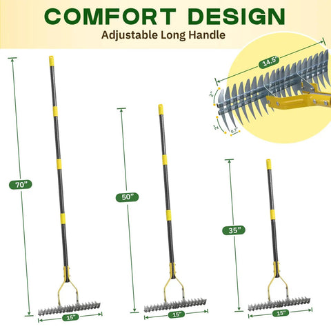 Heavy Duty No Nonsense Dethatcher Rake With 19 Tines Adjustable 40 To 70 Inch Handle Metal Lawn Rake dimensions and design