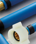 Four Pack PEX Fittings With Brass Swivel Adapters One Half Inch Female NPT Thread Crimp Fittings For PEX Tubing And RV Faucets DIY Friendly Install Works With Clamp Rings Or Copper Crimp Rings No Tools Needed, white swivel fitting with blue PEX tubing