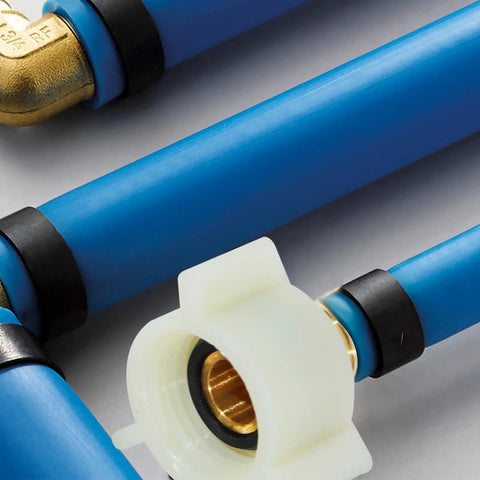 Four Pack PEX Fittings With Brass Swivel Adapters One Half Inch Female NPT Thread Crimp Fittings For PEX Tubing And RV Faucets DIY Friendly Install Works With Clamp Rings Or Copper Crimp Rings No Tools Needed, white swivel fitting with blue PEX tubing