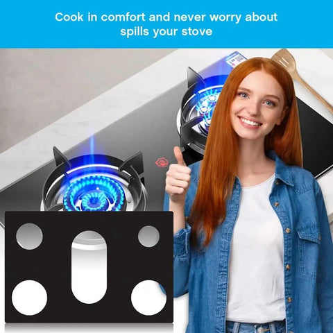 Stove Top Protector For Gas Ranges, 0.4mm Thick Reusable Burner Covers with a smiling person near Samsung gas stove setup.