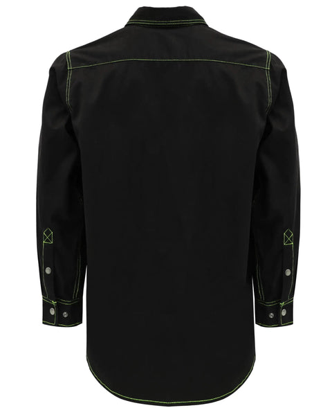 Heavy Duty Flame Resistant Work Shirt For Men Features Slick Brushed Cotton Cut With Snap Down Collar And Stain Repellent Finish Built Tough For Daily Job Site Hustle, back view with green stitching.