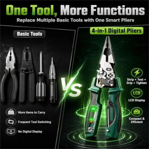 4 In 1 Wire Stripping Pliers With Built In Voltage Tester Foldable Your Go To Electrician Tool For Stripping Cutting Crimping Twisting And Testing Wires Heavy Duty Wire Cutters For Circuit Repair And DIY Electrical Work showing LCD display