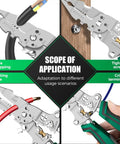 Foldable Wire Stripper With Voltage Tester 6 In 1 Electrician Multitool showcasing stripping, cutting, crimping functions
