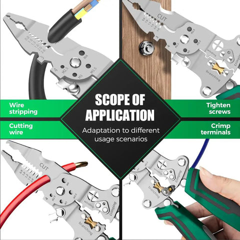 Foldable Wire Stripper With Voltage Tester 6 In 1 Electrician Multitool showcasing stripping, cutting, crimping functions