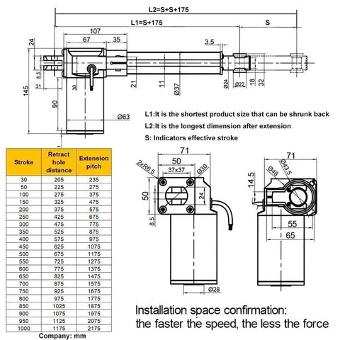 Technical diagram of 6000N High Thrust Linear Actuator 12V 48V Dual Voltage Silent Low Noise Motor with U Shaped Bracket