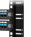Straight Up Heavy Duty M6 Screws And Cage Nuts 60 Pack For Server Rack Shelves Cabinet Mount Hardware showing black metal panel with network ports.