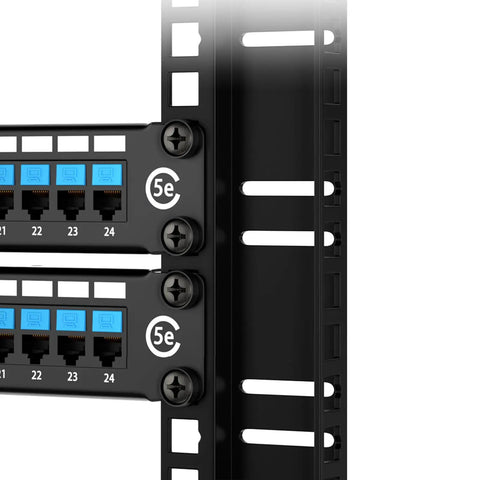 Straight Up Heavy Duty M6 Screws And Cage Nuts 60 Pack For Server Rack Shelves Cabinet Mount Hardware showing black metal panel with network ports.