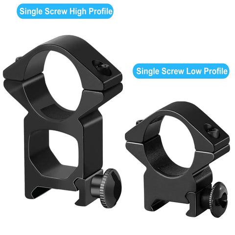 Hella Durable One Inch Scope Rings Single Screw Picatinny Rail Mount medium and high profile rings in black finish.