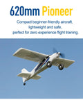 Pioneer 620mm RC Airplane Ready To Fly RTF Kit in flight, showcasing stable design for beginners with complete accessories.