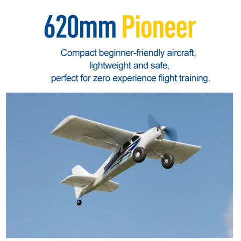 Pioneer 620mm RC Airplane Ready To Fly RTF Kit in flight, showcasing stable design for beginners with complete accessories.