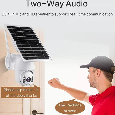 Wireless Solar Powered Outdoor Security Camera With 1080P Pan Tilt WiFi PIR Motion Two Way Audio IP65 Weatherproof in use