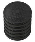Bulk 6 Pack Of Slick 12 Inch Black Lazy Susan Turntables For Pantry Cabinet Organization Featuring Smooth 360 Spin Heavy Duty Plastic Rotating Trays stacked.