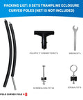 Rock Solid Built Tough Trampoline Enclosure Curved Replacement Poles with mounting hardware and tools for setup.
