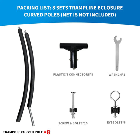 Rock Solid Built Tough Trampoline Enclosure Curved Replacement Poles with mounting hardware and tools for setup.