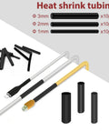 Assorted heat shrink tubing in black with different diameters, alongside a demonstration of tubing on wires.