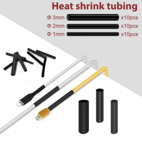Assorted heat shrink tubing in black with different diameters, alongside a demonstration of tubing on wires.