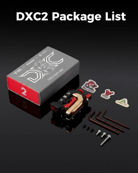 DXC2 Extruder Upgrade Kit for K2 Plus K2 and K2 Pro with Dual Gear Design package contents and tools on display