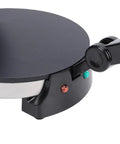 Perfect Nonstick Electric Tortilla Maker With Large 20.5 Cm Heating Area For Homemade Flatbreads And Quesadillas Features Auto Temperature Control, detail of black nonstick surface and control panel.