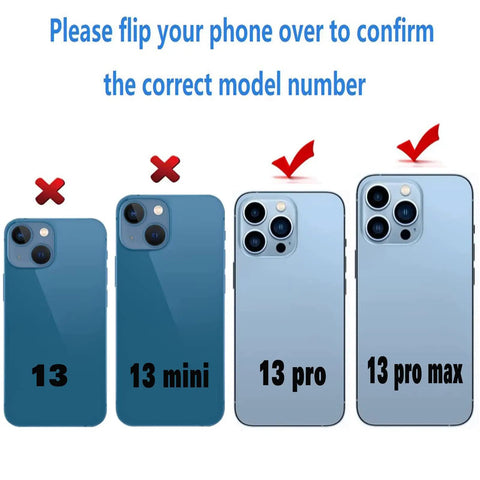 Graphic showing iPhone models to verify compatibility for 2 Pack IPhone 13 Pro And 13 Pro Max Camera Lens Replacement Glass