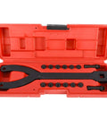 Adjustable Pin Spanner Wrench For Pulleys And Crankshafts in red case with multiple pins, for automotive maintenance.